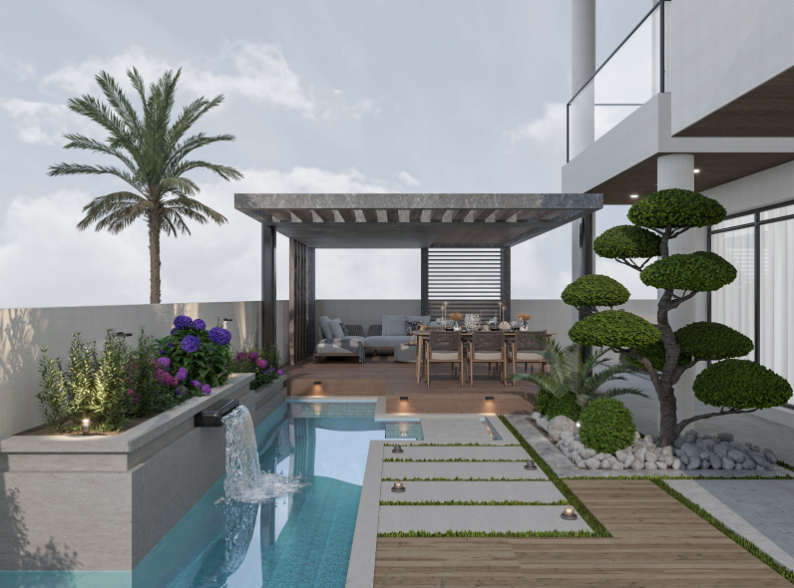 Luxury outdoor living space with pool and pergola